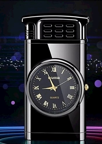 Saatli Siyah Işıklı Metal Turbo Gazlı Çakmak - Görsel 2