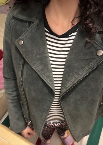 Kadın Haki Süet Transparan Deri Ceket - Görsel 2