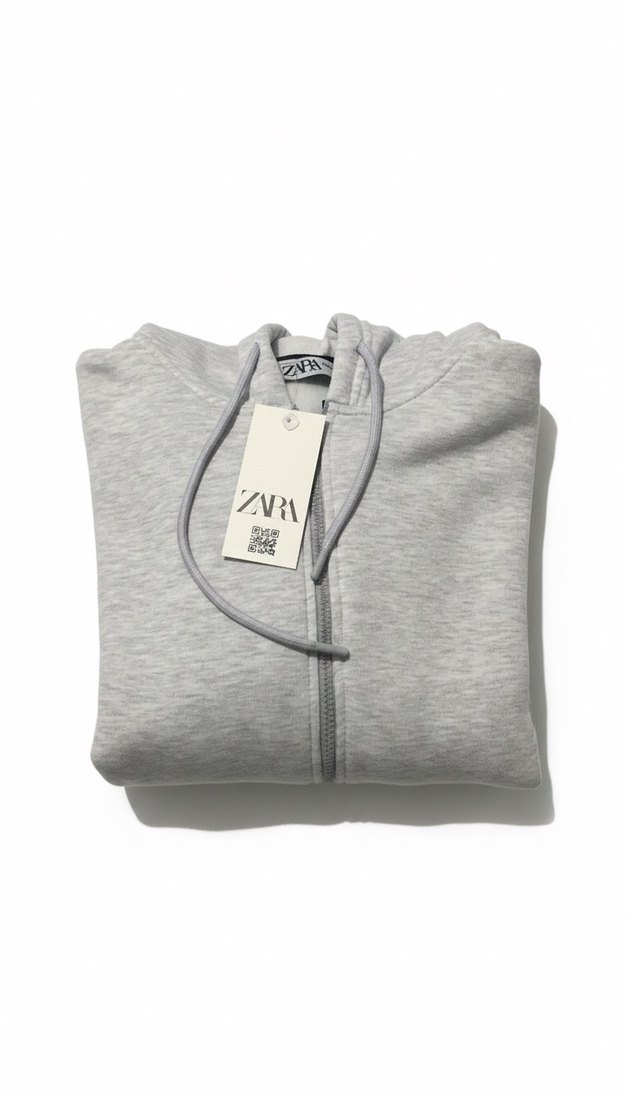 Zara Gri Kapüşonlu Fermuarlı Unisex Sweatshirt - Görsel 3