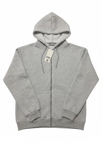 Zara Gri Fermuarlı Kapüşonlu Unisex Sweatshirt - Görsel 3