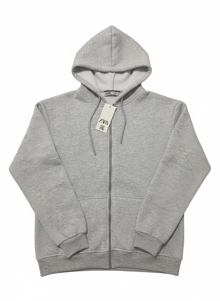 Zara Gri Kapüşonlu Fermuarlı Unisex Sweatshirt - Görsel 3