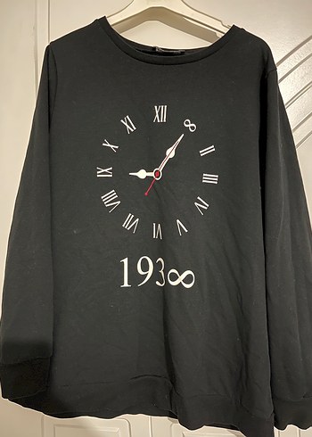 LC Waikiki Saat Desenli Siyah Bisiklet Yaka Sweatshirt