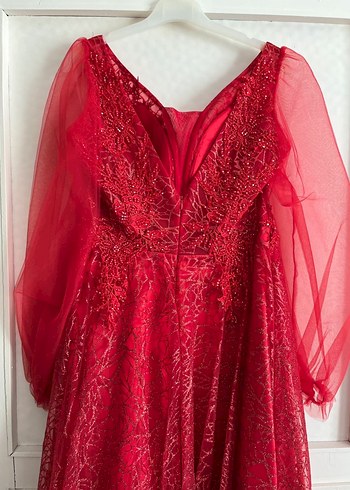 Kırmızı Uzun Kollu V Yaka Abiye Elbise - Görsel 5