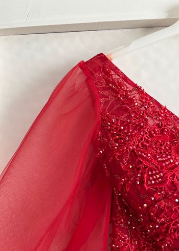 Kırmızı Uzun Kollu V Yaka Abiye Elbise - Görsel 2