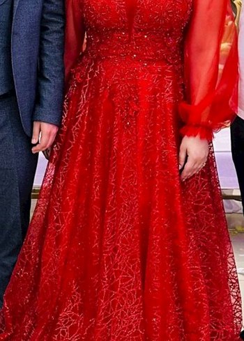 Kırmızı Uzun Kollu V Yaka Abiye Elbise - Görsel 7