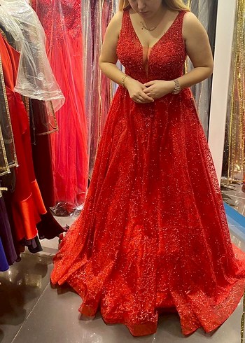 Kırmızı Uzun Kollu V Yaka Abiye Elbise - Görsel 6