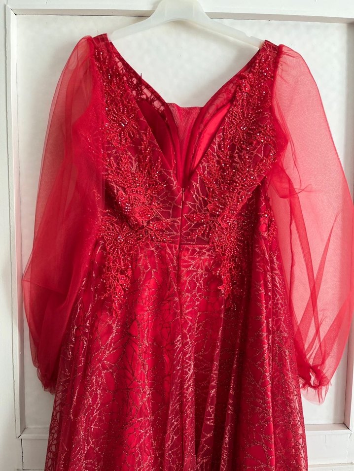 Kırmızı Uzun Kollu V Yaka Abiye Elbise - Görsel 5