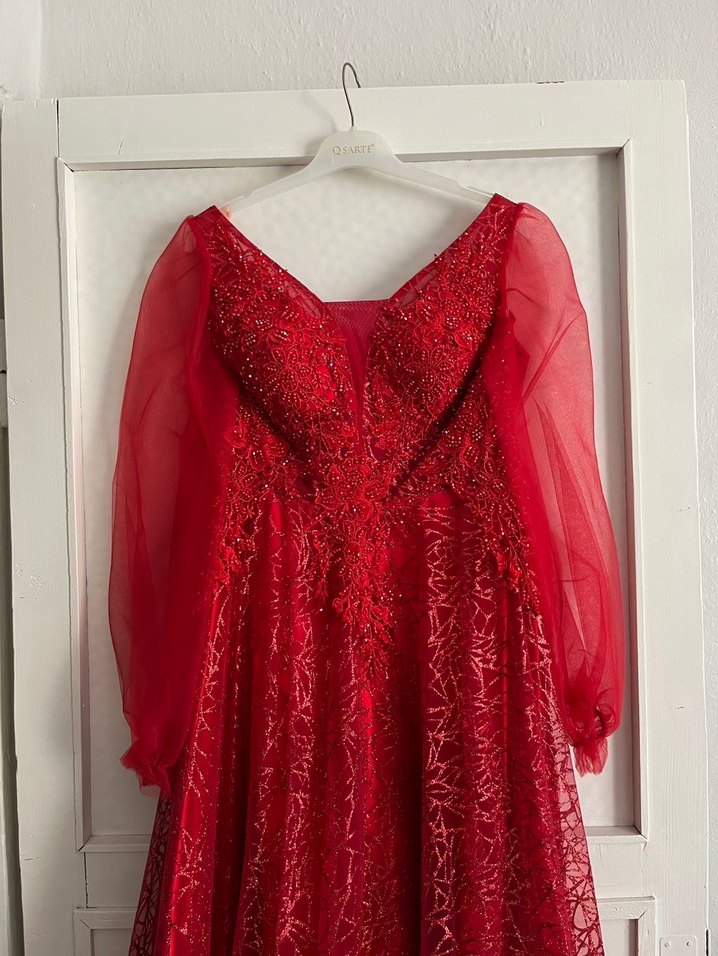 Kırmızı Uzun Kollu V Yaka Abiye Elbise - Görsel 4