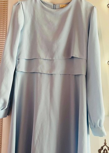 Mavi Uzun Kollu Saten Kadın Elbise - Görsel 2