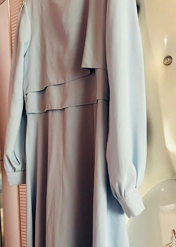 Mavi Uzun Kollu Saten Kadın Elbise - Görsel 3