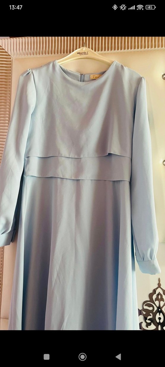 Mavi Uzun Kollu Saten Kadın Elbise - Görsel 2