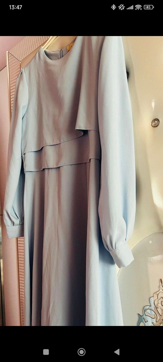 Mavi Uzun Kollu Saten Kadın Elbise - Görsel 3