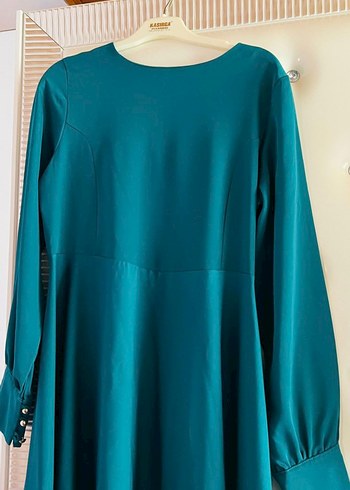 Uzun Turkuaz Yüksek Yakalı Salaş Elbise - Görsel 3