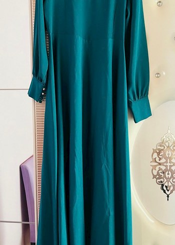 Uzun Turkuaz Yüksek Yakalı Salaş Elbise - Görsel 2