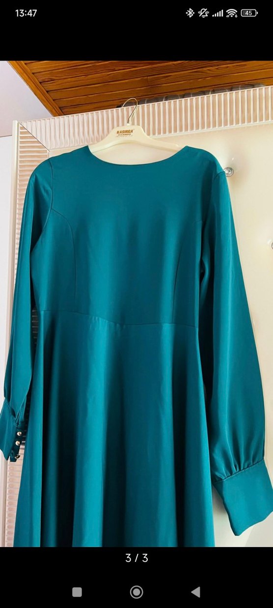 Uzun Turkuaz Yüksek Yakalı Salaş Elbise - Görsel 3