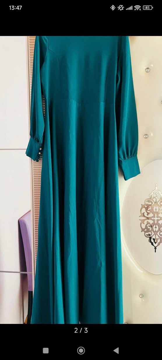 Uzun Turkuaz Yüksek Yakalı Salaş Elbise - Görsel 2