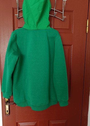 Kadın Yeşil Yarım Fermuarlı, Kanguru Cepli, Kapüşonlu Sweatshirt - Görsel 3