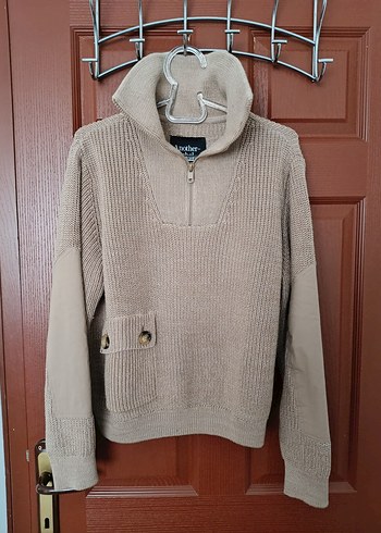 Bej Yarım Fermuarlı,Kollar Kumaş Detaylı,Cepli, Örgü KadınKazak - Görsel 4