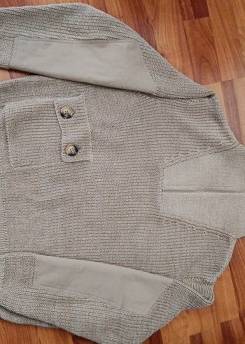 Bej Yarım Fermuarlı,Kollar Kumaş Detaylı,Cepli, Örgü KadınKazak - Görsel 2