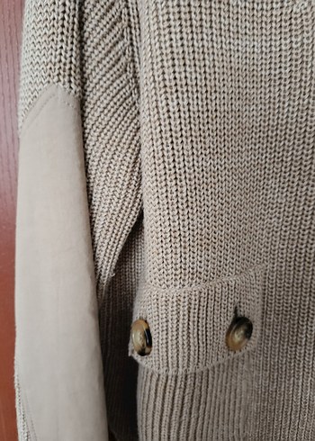 Bej Yarım Fermuarlı,Kollar Kumaş Detaylı,Cepli, Örgü KadınKazak - Görsel 3