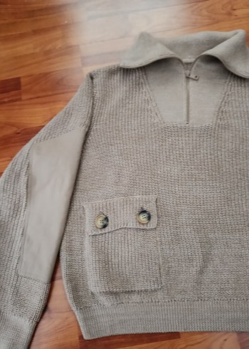 Bej Yarım Fermuarlı,Kollar Kumaş Detaylı,Cepli, Örgü KadınKazak - Görsel 6