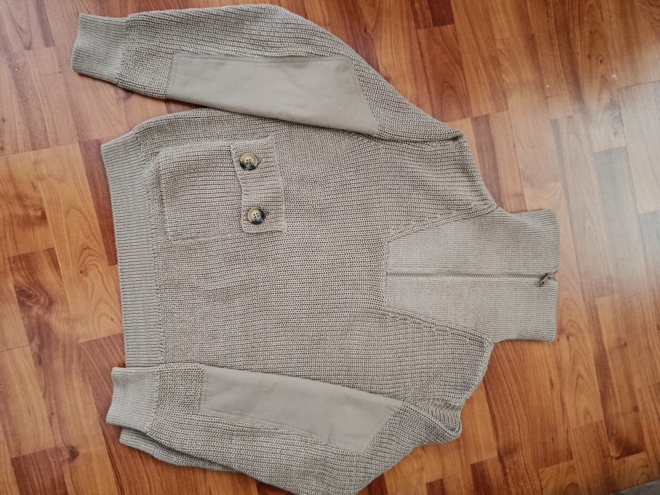 Bej Yarım Fermuarlı,Kollar Kumaş Detaylı,Cepli, Örgü KadınKazak - Görsel 2