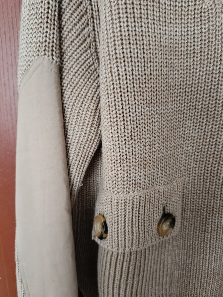 Bej Yarım Fermuarlı,Kollar Kumaş Detaylı,Cepli, Örgü KadınKazak - Görsel 3
