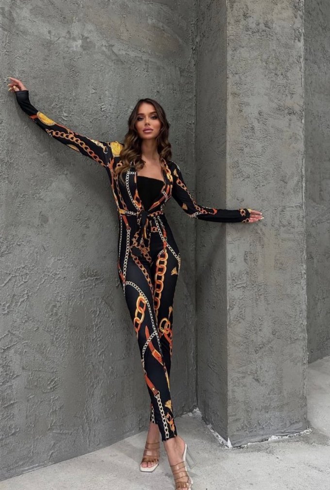 Zincir Detaylı Yılan Desenli Uzun Tulum - Görsel 2