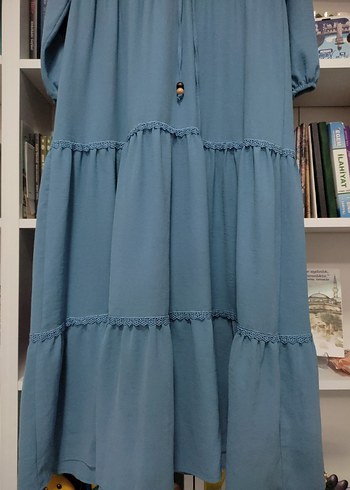 Mavi Uzun Elbise, Fırfırlı, Bohem Stil - Görsel 8