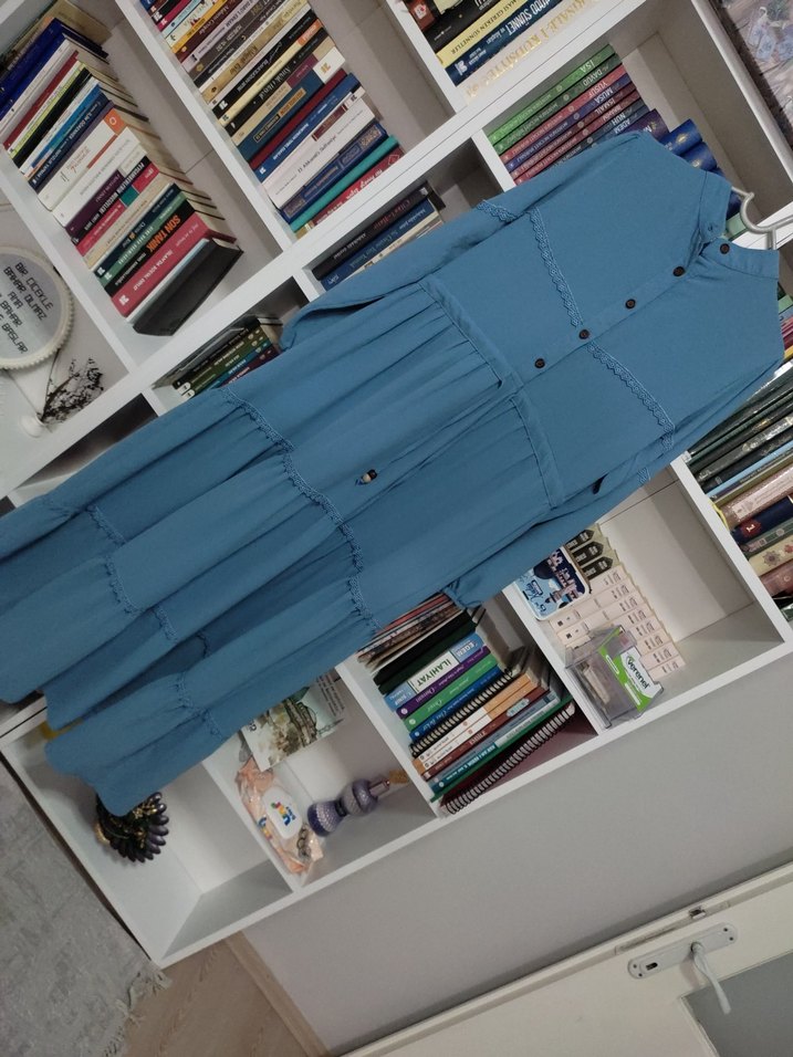 Mavi Uzun Elbise, Fırfırlı, Bohem Stil - Görsel 4