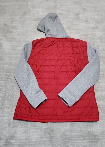 Düğmeli Kırmızı-Gri Kapüşonlu Kadın Ceket - Görsel 2