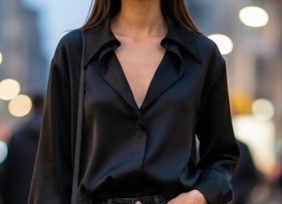Siyah V Yaka Kadın Ofis Gömleği - Görsel 2