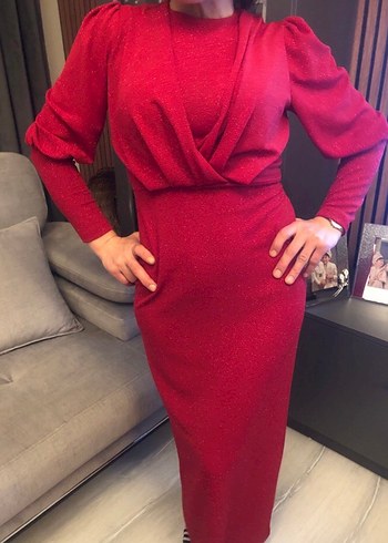 Bordo Drapeli Uzun Kollu Uzun Elbise - Görsel 4