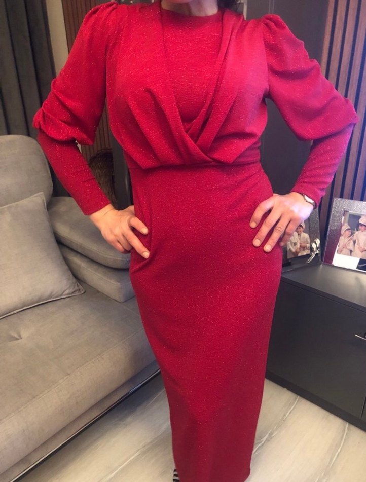 Bordo Drapeli Uzun Kollu Uzun Elbise - Görsel 4