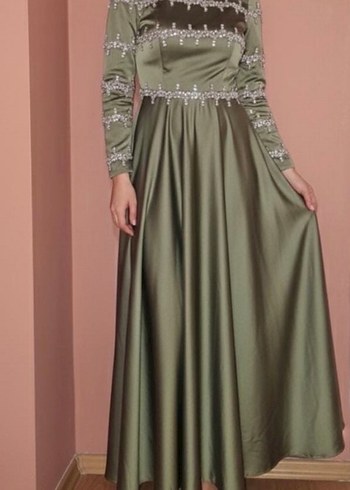 Nakış İşlemeli Uzun Kollu Haki Elbise - Görsel 2