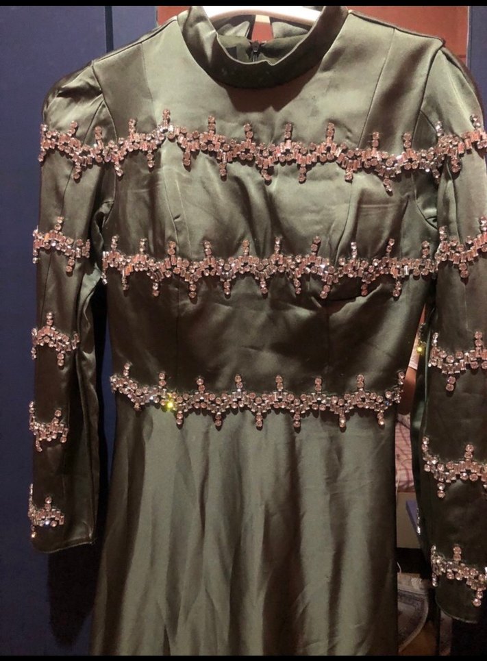 Nakış İşlemeli Uzun Kollu Haki Elbise - Görsel 4