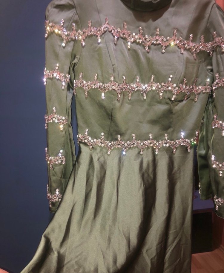 Nakış İşlemeli Uzun Kollu Haki Elbise - Görsel 5