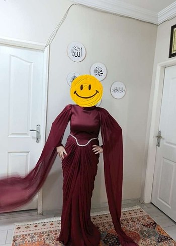 Bordo Drapeli Uzun Kollu Kadın Abiye - Görsel 2