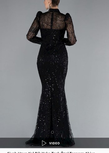 Uzun Kol Siyah Payetli V Yaka Abiye Elbise - Görsel 2