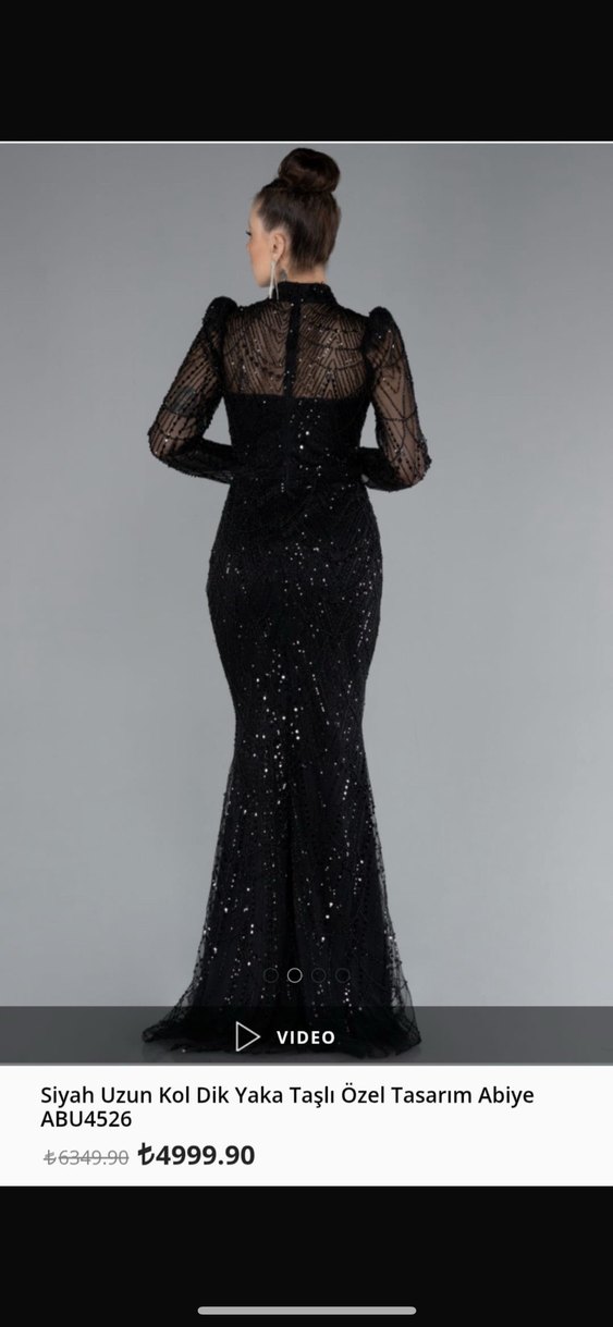 Uzun Kol Siyah Payetli V Yaka Abiye Elbise - Görsel 2