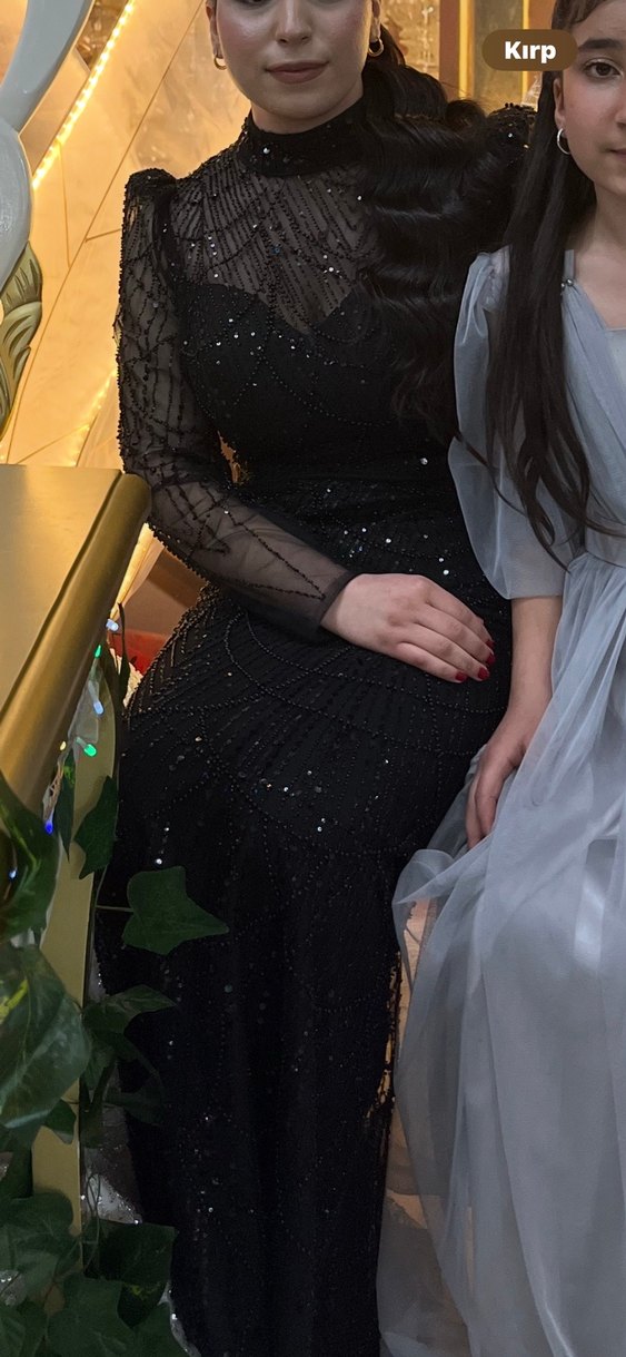 Uzun Kol Siyah Payetli V Yaka Abiye Elbise - Görsel 3