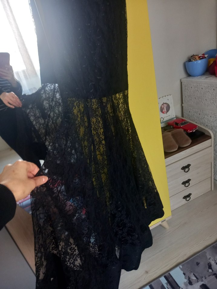 Siyah Dantel Uzun Straplez Gotik Elbise - Görsel 4