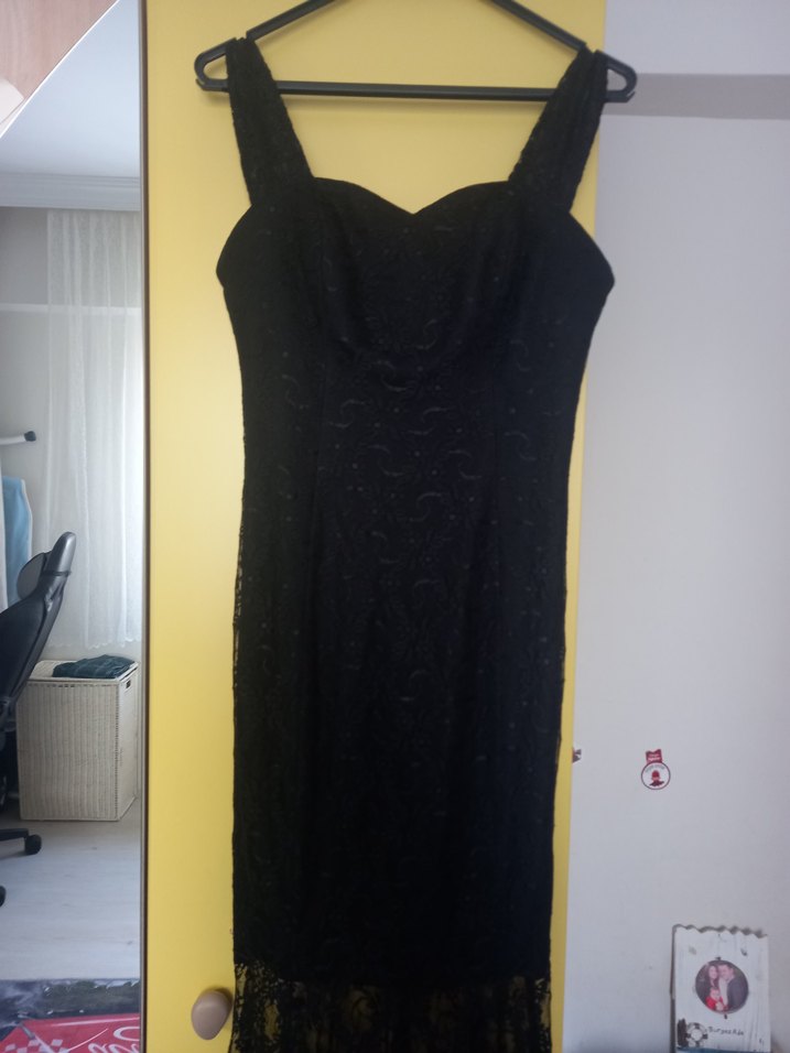 Siyah Dantel Uzun Straplez Gotik Elbise - Görsel 5