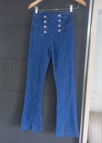 Düğmeli Lacivert Midi Kadın Kot Pantolon - Görsel 2