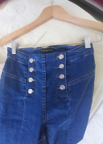 Düğmeli Lacivert Midi Kadın Kot Pantolon - Görsel 7