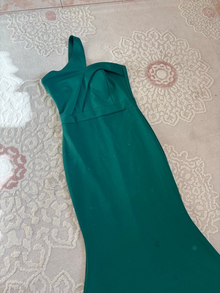 Turkuaz Straplez Uzun Drapeli Abiye Elbise - Görsel 2