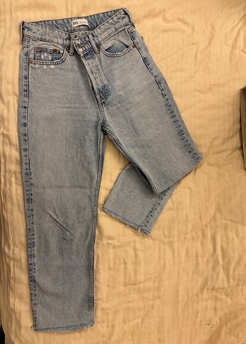 Zara Düğmeli Mavi Kadın Midi Kot Pantolon - Görsel 4