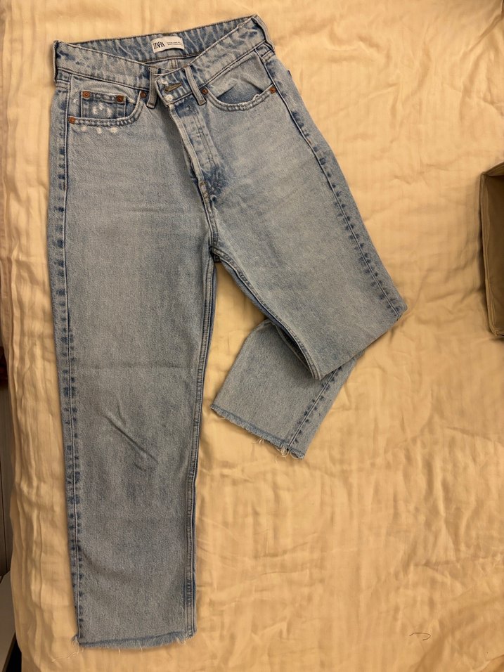 Zara Düğmeli Mavi Kadın Midi Kot Pantolon - Görsel 4