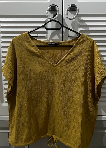 Sarı V Yaka Keten Kadın Bluz - Görsel 2