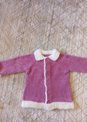 Kız Çocuk Pembe Kürklü el örgüsü Hırka - Görsel 3